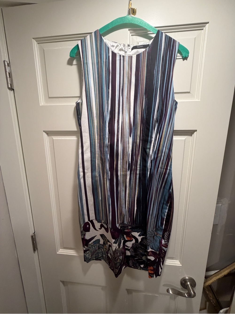 Tahari Sleeveless Vertical Stripe Midi Dress in blue, purple black and White